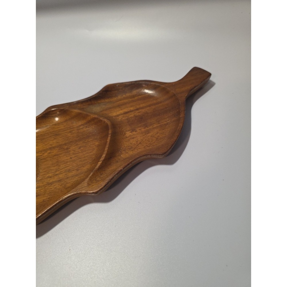 VINTAGE Carved Wood Leaf Serving Tray With 3 Compartments 17x6 - Picture 4 of 7